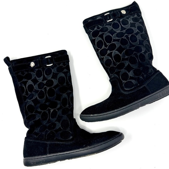 Coach Black Logo Suede Leather Winter Boots - Picture 1 of 12